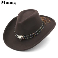 munng 2022 fashion top hats elegant wool blend western cowboy hat wide brim gentleman ladies cowgirl jazz sombrero cap size l
