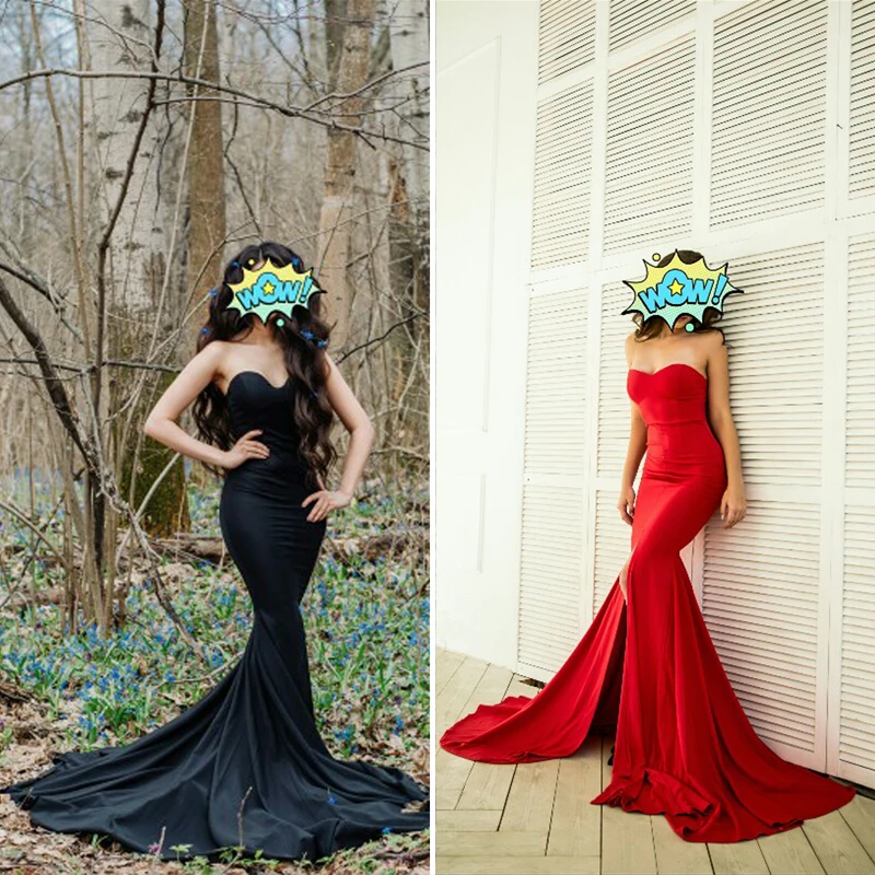 

Sexy Strapless Long Black Maxi Dress Front Slit bare shoulder Red Women's evening summer dress Night Gown Party Maternity Dress