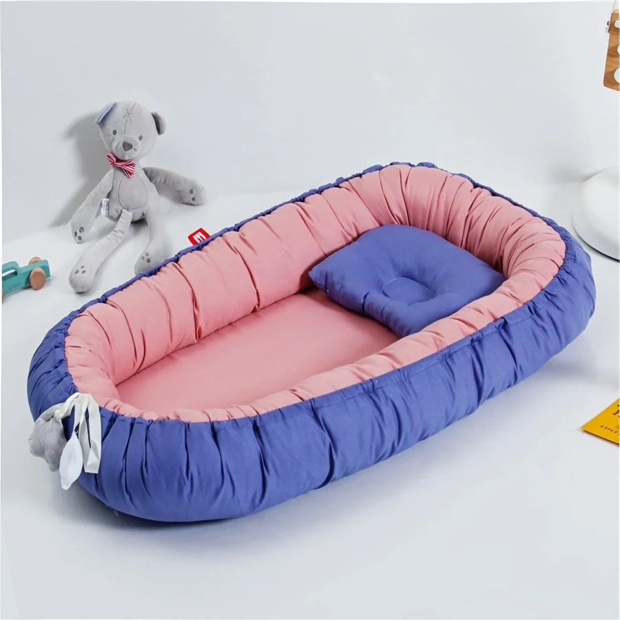 80*50cm  Baby Nest Bed with Pillow Portable Cotton Bed Toddler Crib Travel Cradle for Newborn Baby Bed Bassinet Bumper Solid