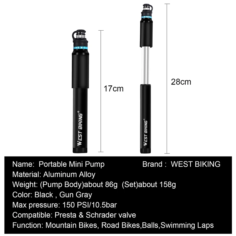 Портативный велосипедный мини-насос WEST BIKING с шлангом карманный насос клапаном