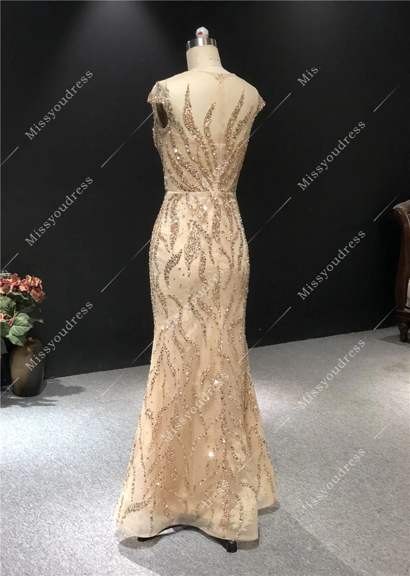 Vestidos de fiesta 2021 Real Sample Gold Short Sleeves Mermaid Floor Length Formal Party Prom Bridal Women Dancing Evening Dress