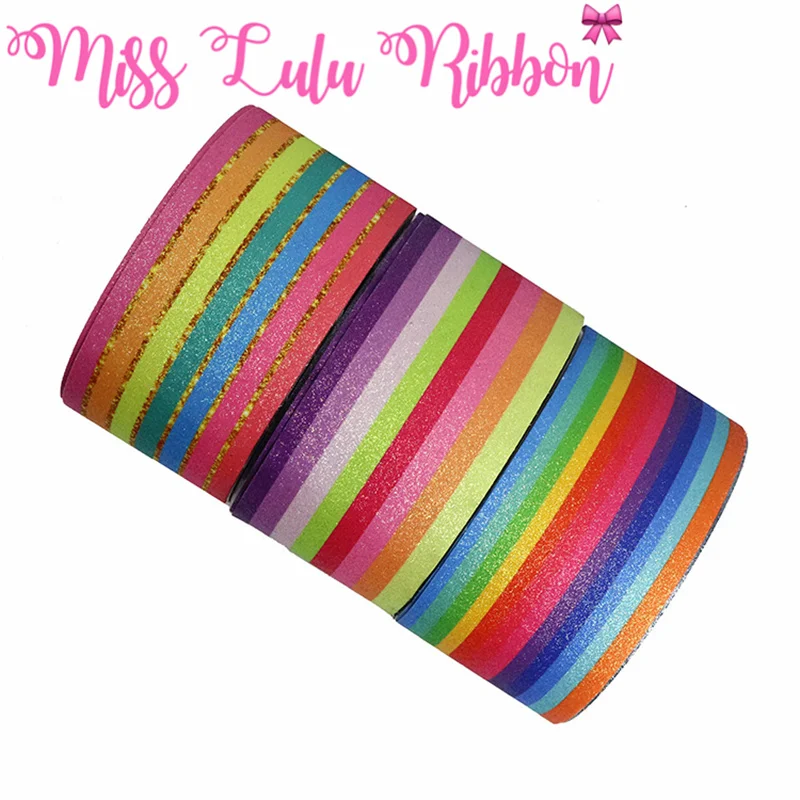 

3"75mm Colorful Rainbow Stripes Gold Line Shiny Glitter Leather Fabric Ribbon DIY Gift Bowknots Hair Band Making 50yards/roll