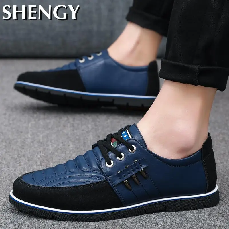 

Mens Casual Shoes PU Leather Flat Rubber Bottom Splicing Autumn Male Loafers Lace Up Breathable Outdoor Sport Shoes Men Soft