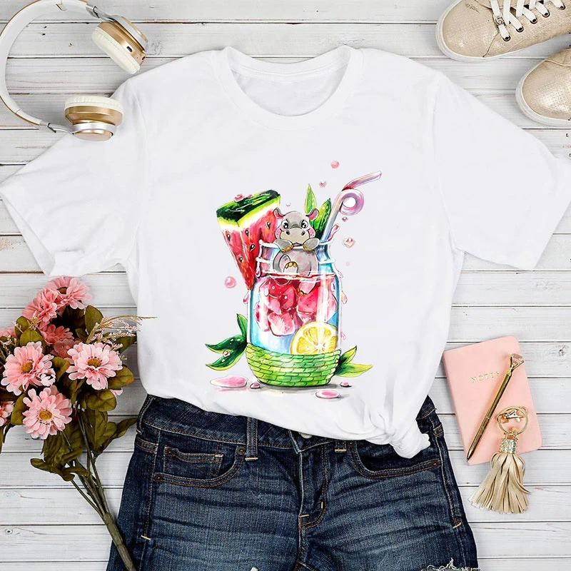 

Tshirt women 2021 Fashion fruit juice Print Ladies Tee Tops Summer Short Sleeve Casual streetwear Female T-shirts Plus Size 3XL