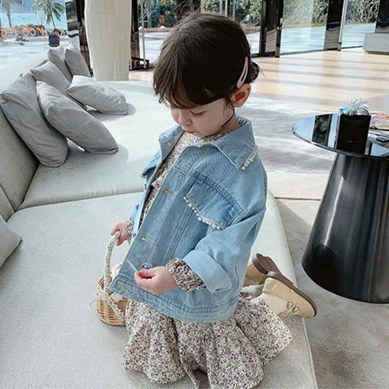

Girls Pearl Jeans Jackets Autumn Spring Kids Cardigan Denim Coats 3-7 Years Children Fashion Clothes Baby Girl Daily Wear Outfit