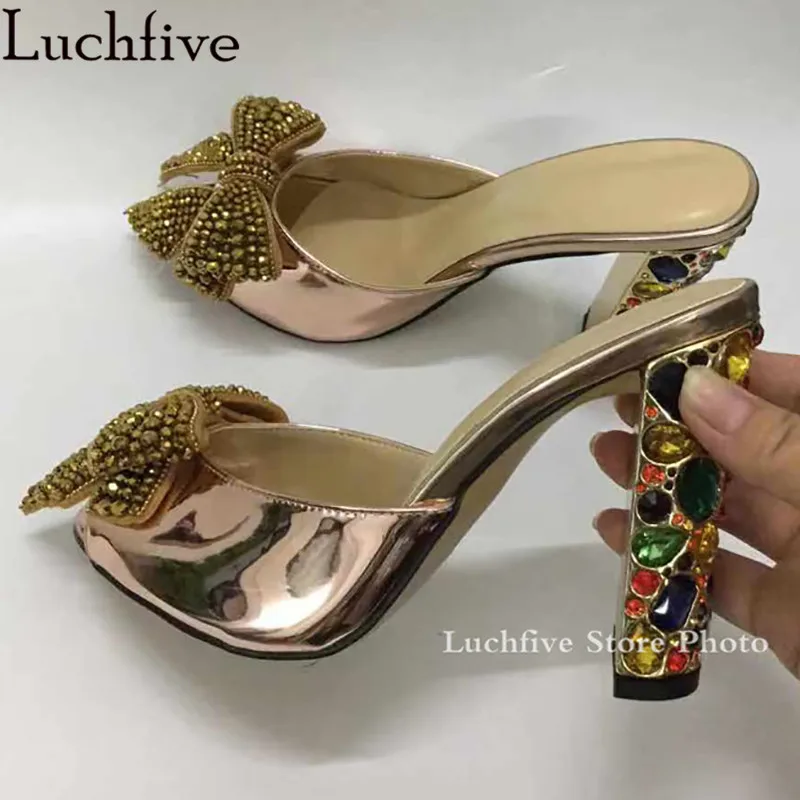 Женские шлепанцы со стразами и бантом женские на каблуке пикантная женская обувь