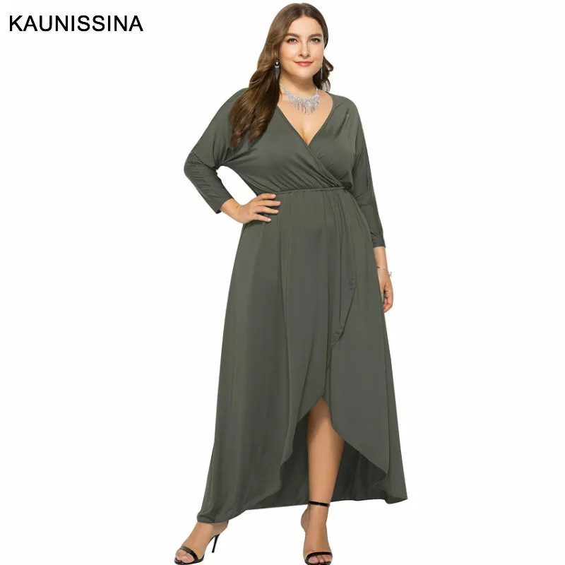 KAUNISSINA Plus Size Party Gown Women Long Sleeve Solid Cocktail Dresses V-neck Homecoming Dress Formal Robe | Свадьбы и торжества