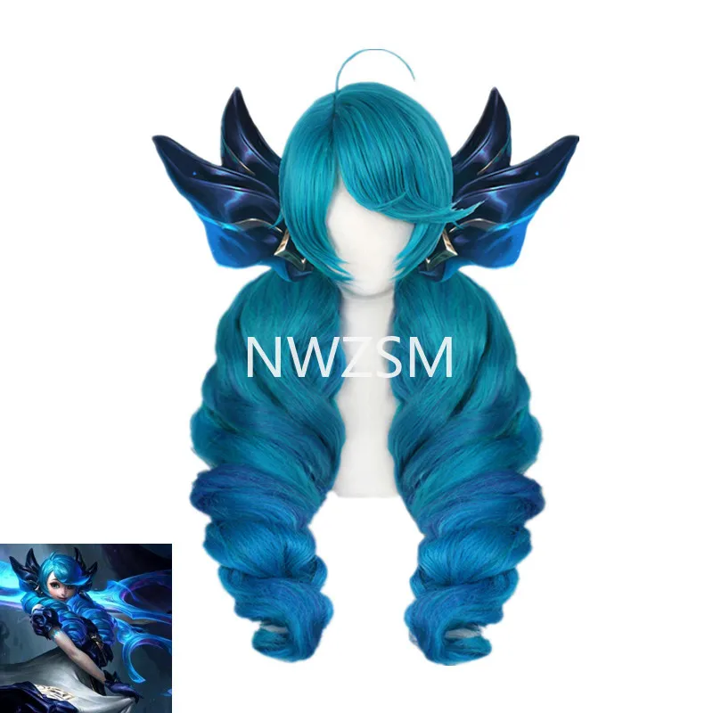 

Game League of Legends new hero Gwen Cosplay wig party decoration extra-long blue big wavy hair