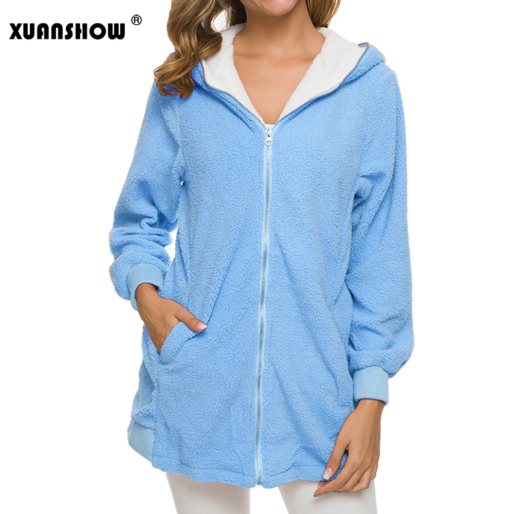 Sky Blue XUANSHOW негабаритный зима Долго Искусственный мех Женские пальто Стройное Длинный рукав Держать в тепле плюш Флокирование Женские куртки С капюшоном 5XL - Цвет: Sky Blue