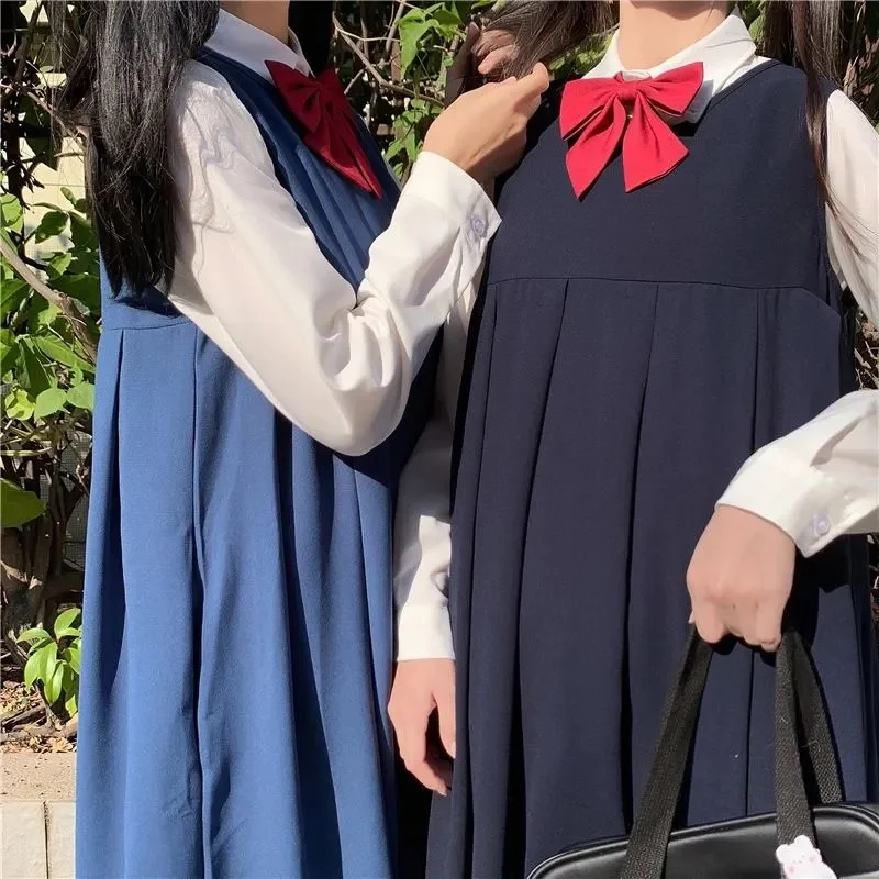

Women Long Plissee Dinafore Dress Lady Autumn Original Black JK Uniform Sleeveless Premium Student Girl Suit Graduation costume