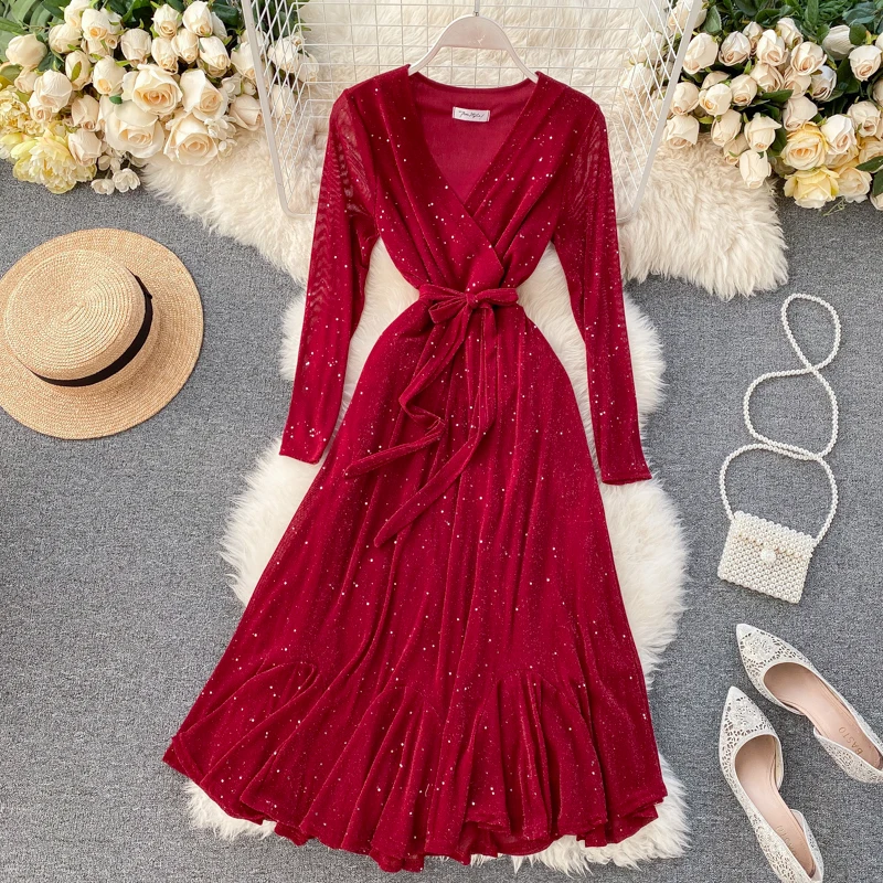 FTLZZ винтажное облегающее платье средней длины с оборками и блестками весна 2020