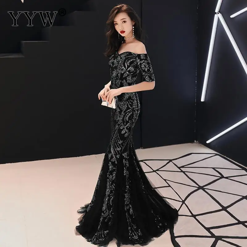 

Green Sequined Evening Party Women Dress Off Shoulder Floral Sequin Sexy Luxury Robe Short Sleeve Mermaid Slip Dresses Vestidos