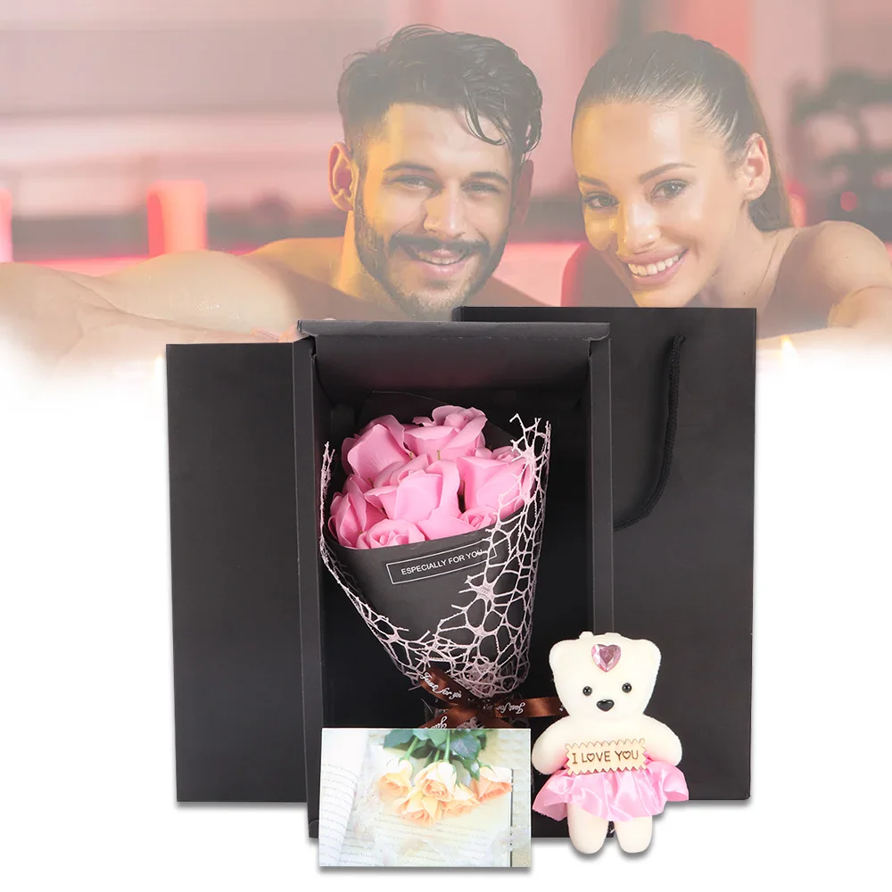 

Hot Sales Best Valentine'S Day Gift 7 Soap Rose Flower Gift Box Bouquet Stuffed Bear Wife Present For Birthday Party Anniversary