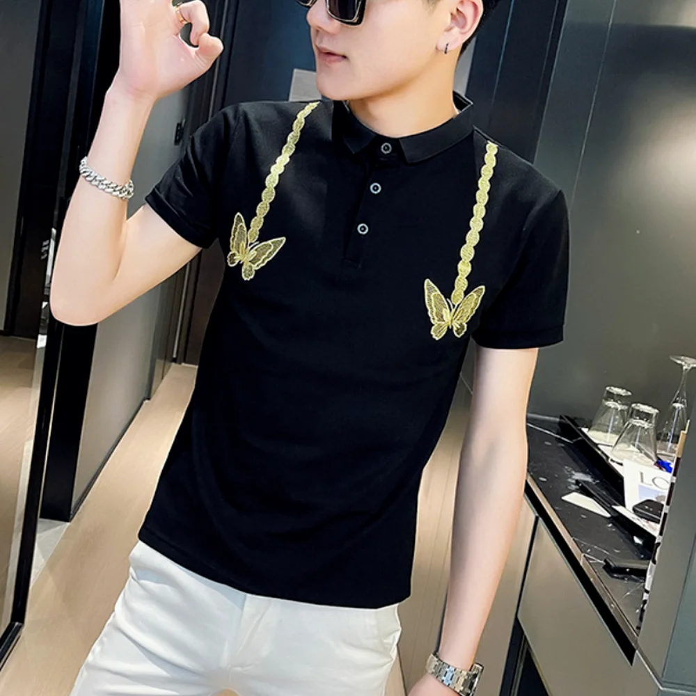 

Бабочки вышитые рубашки поло мужские с коротким рукавом тонкие повседневные рубашки поло мужские деловые формальные футболки с отворотом