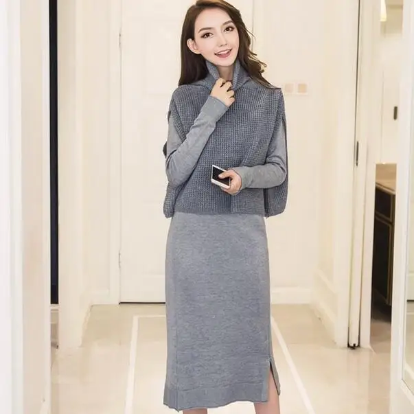 2 Piece Set Winter Women Dress Knitted Sweater Grey Black Long Sleeve Turtleneck Office Sukienki Bandage Midi DC450 | Женская одежда