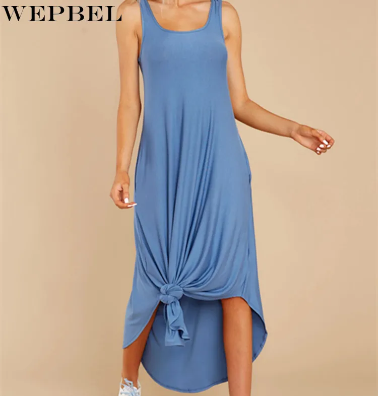 

WEPBEL Dress Women's Casual Solid Color Loose Dress Summer Fashion O-Neck Spaghetti Strap Irregular Slit Dress
