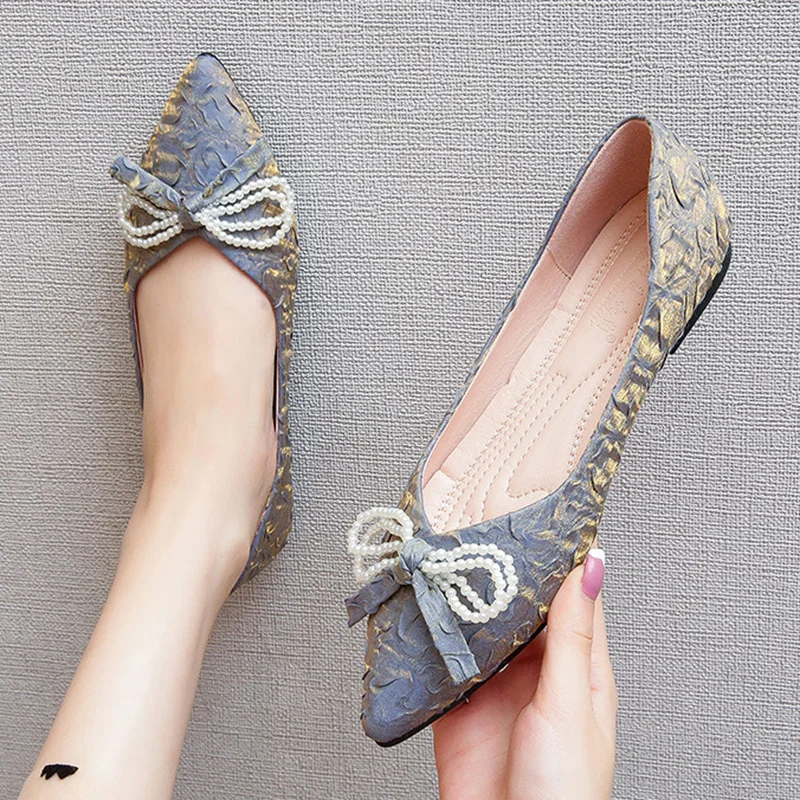 Size Big 41-43 Elegant Beads Bow-knot Ballet Flats Woman Satin Women Shoes Loafers Soft Bottom Moccasins Femme Hot