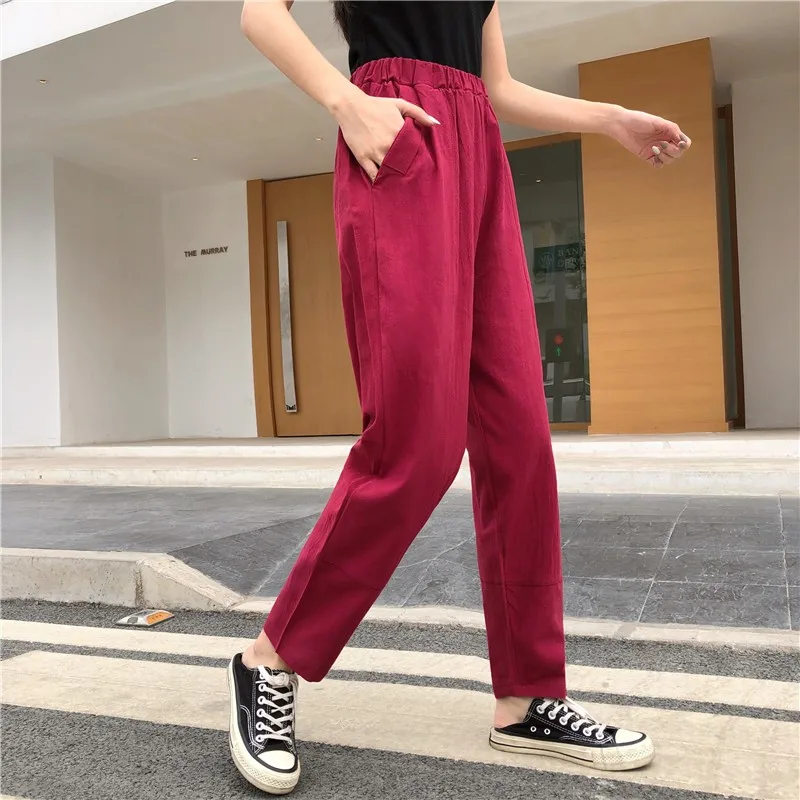 

2021 real shot cotton and linen casual pants women's summer loose and straight all-match thin