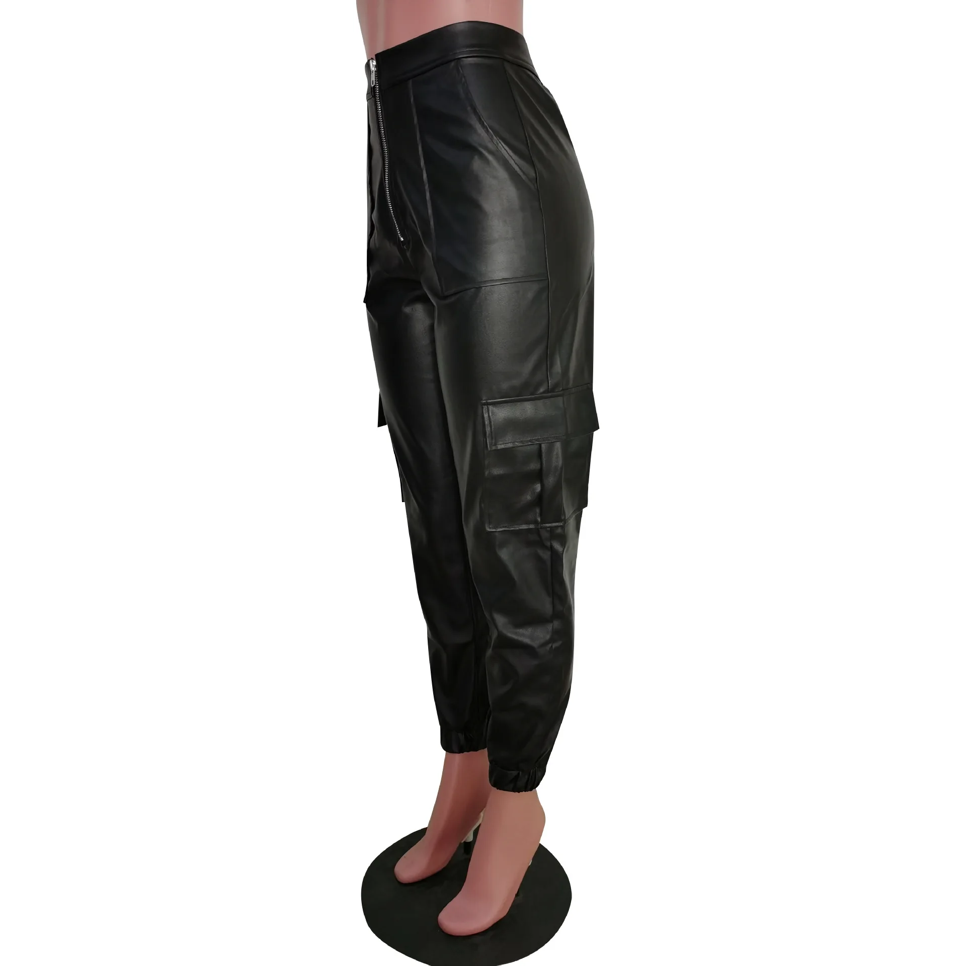 Горячая Распродажа модные черные женские длинные штаны из искусственной кожи на