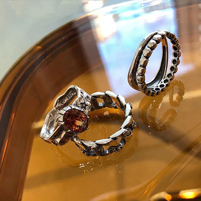 

S925 silver chain ring personalized round bead retro high-grade diamond set all-go ring