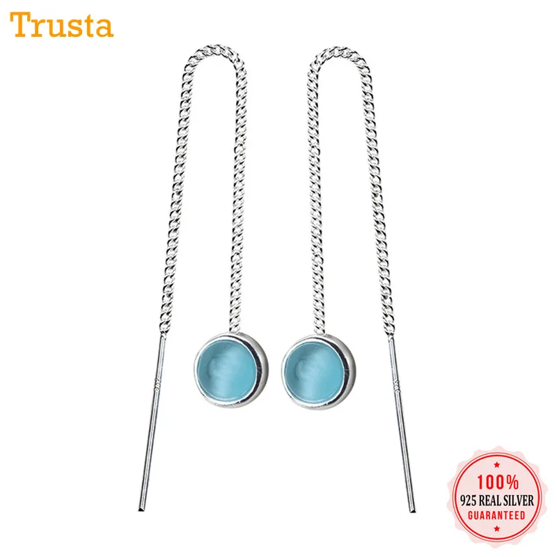 Trusta,, 925, твердые, Настоящее серебро, серьги-гвоздики, синие, Круглые, 5,1 см, связанные, капля, палочка для девочек-подростков, друзей, подарок, DS963