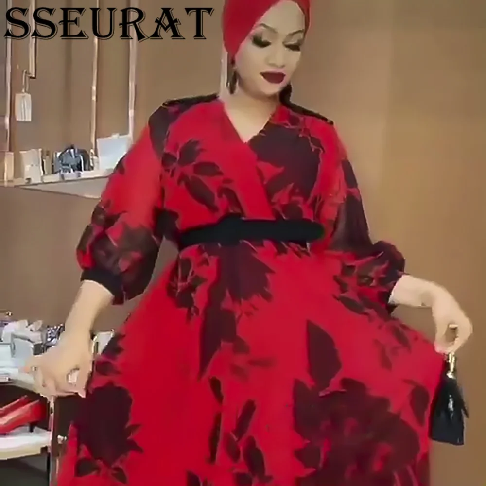 SSEURAT African Dress 2021 Autumn Fashion Print Chiffon V-neck with Sashes Long Dress