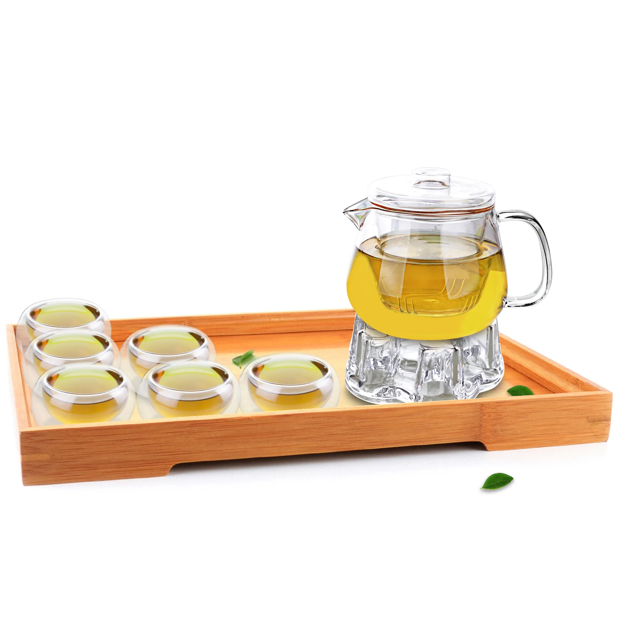 1x 9in1 Kung fu Coffee Tea Set-485ml Heat-Resisting Glass Flower Teapot+Crystal Tea Pot Warmer +6 Double Wall Cups +Bamboo Tray