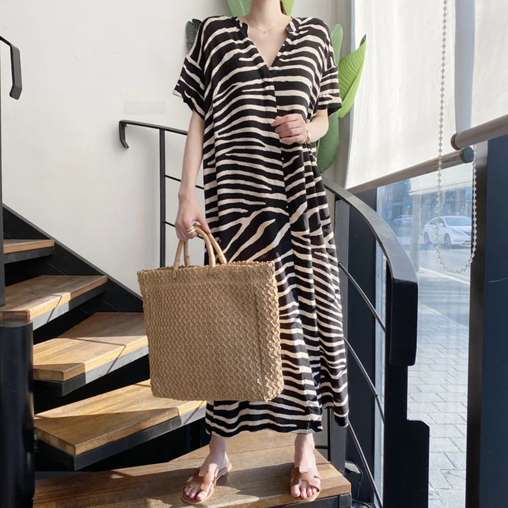

Japanese Style Korean Fashion 2021 Summer New Irregular Stripe Stripe Women's Dress Loose Casual Simple V-neck Summer