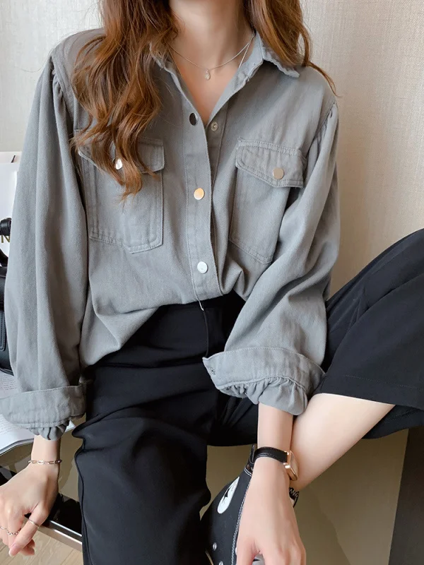

Workwear Denim White Shirt Women's Spring and Autumn New Design Sense