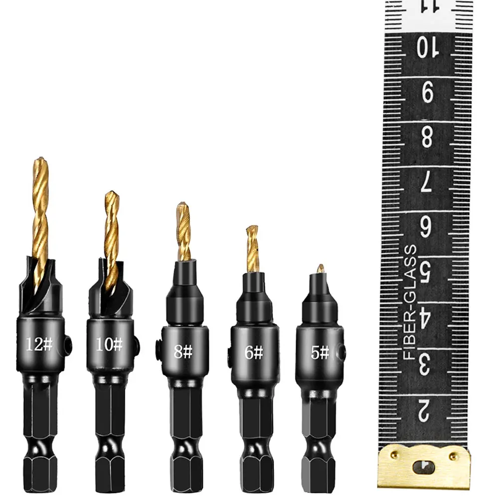 

6PCS Hex Shank Countersink Drill Screw Pilot Holes Drilling Set Kit Woodworking Bits Screw Size #5 #6 #8 #10 #12 With Wrench