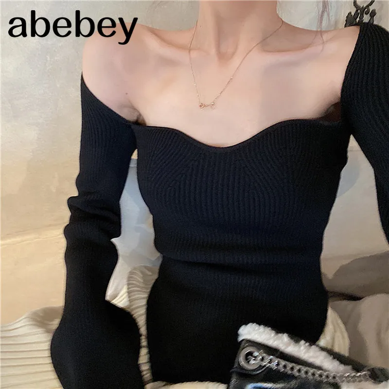 

Knitted Sweater Spring 2020 Sexy Strapless Long Sleeve Ladies Pullover Fashion Casual Square Collar Female Tops 1A314