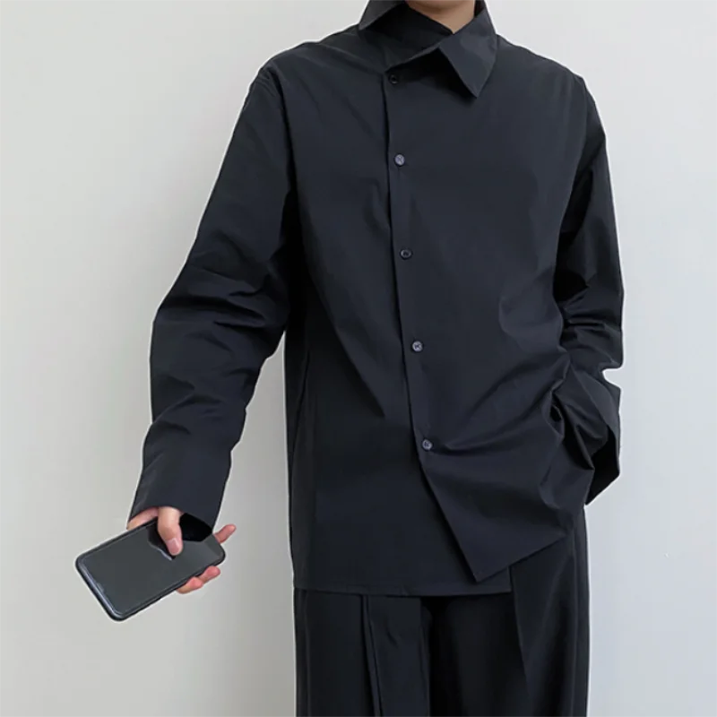 Men's new Korean edition exquisite fashion trend pure color small number of design sense long sleeves loose shirt fashion man