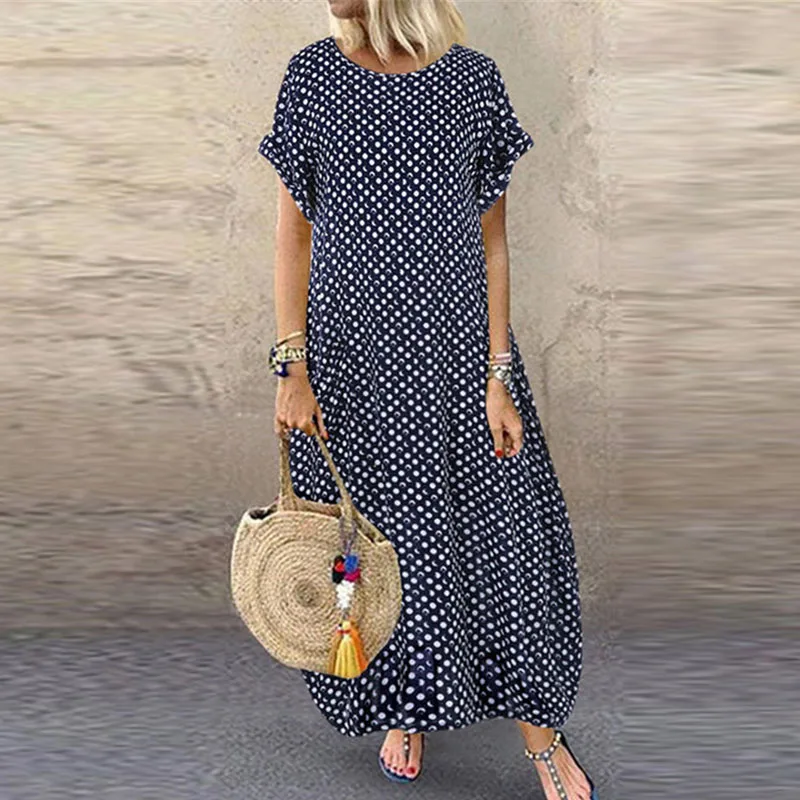 

Summer Short Sleeve A-Line Long Dress Vintage Dot Printed Women Party Dress Spring Casual Round Neck Loose Maxi Dresses Vestidos