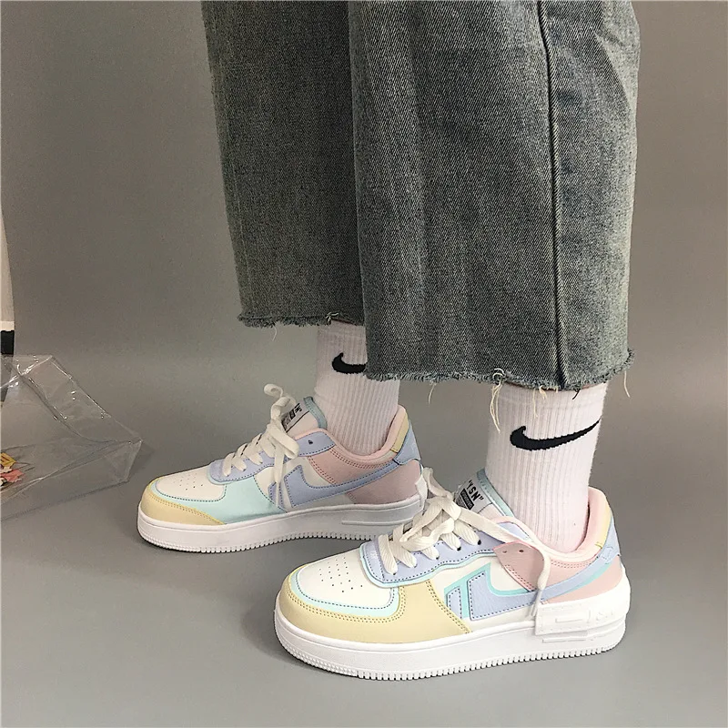 

2021 New Women Shoes Korean Women's Sneakers Pink Thick-soled White Shoes Flat Shoes Autumn Lace-up Female Vulcanized Shoes