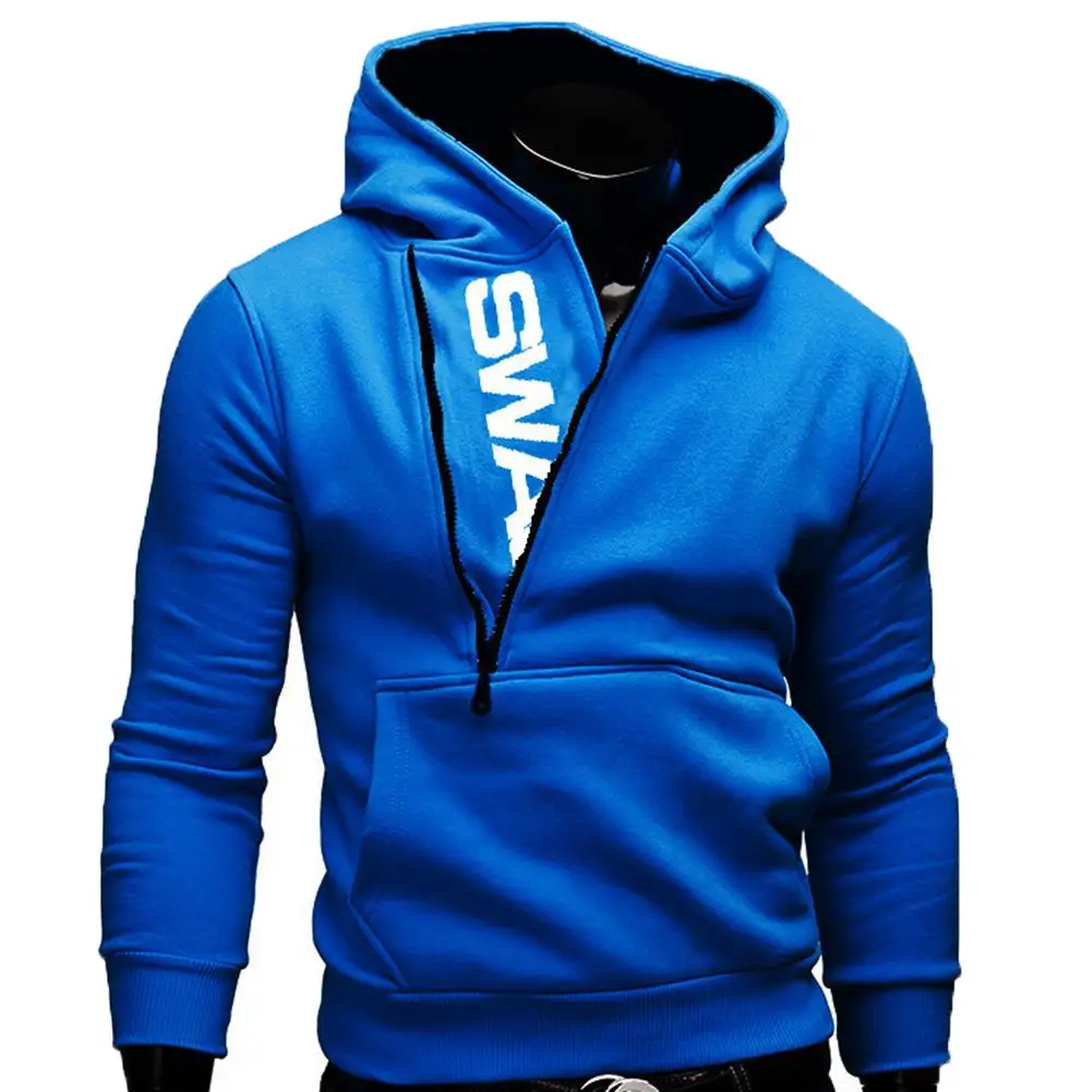 

Sports Men Plus Size Slant Zipper Letter Hoodies Long Sleeve Hooded Sweatshirt Letter Logo Pullover Side Zipper Contrast Sweater