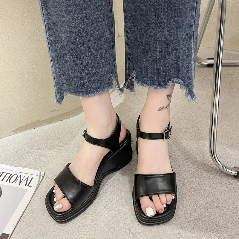 

Black Platform Sandals Buckle Strap Muffins shoe 2021 Women's Suit Female Beige High Heels Summer Shoes Open Toe Increasing Heig