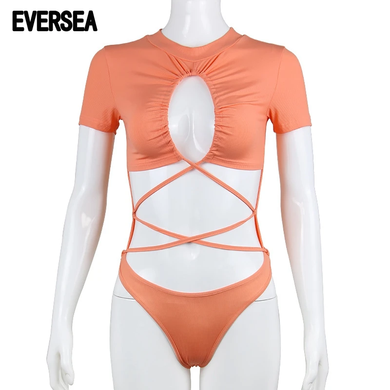 

Eversea Sexy Tie Design Bodysuit Women Hollow Out Fashion Short Sleeve Jumpsuit