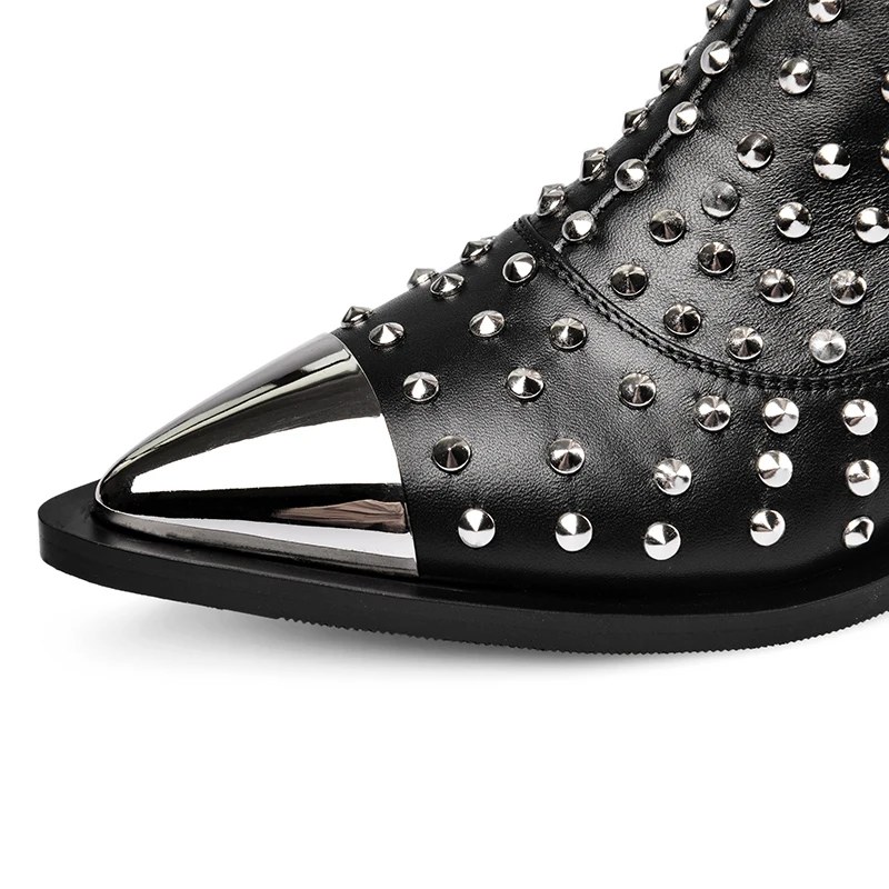 

Winter Genuine Leather Ankle Boots Women Pointed Toe Rivet Boots motorcycle Studded Botines Women Luxury Chelsea Botas Mujer EUR