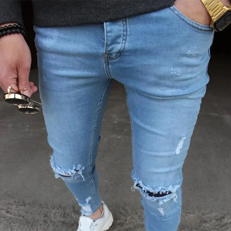 

Men Denim Pants Autumn Sexy Hole Biker Jeans Men Stretchy Skinny Destroyed Slim Fit Jeans Ripped Denim Pencil Pants New Dropship