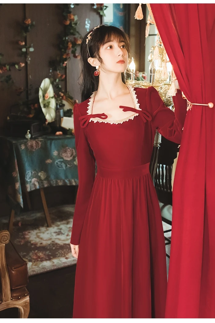 

COIGARSAM French Style Women dress New Spring Vintage Square Collar High Waist Dresses Red Restoring Ways 8912