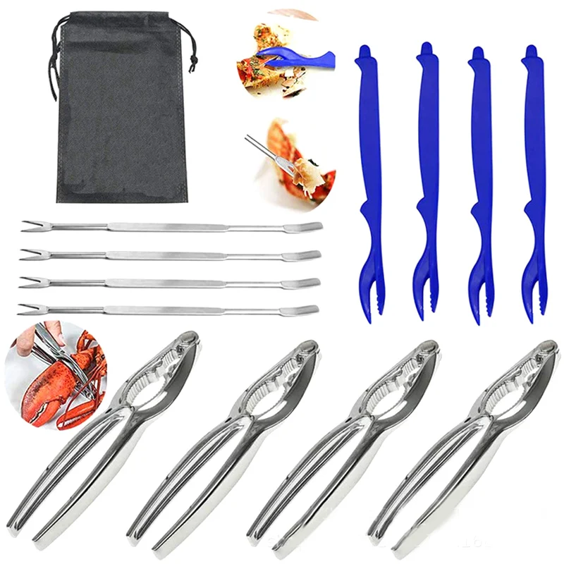 

12Pcs Seafood Tool Sets Crab Crackers Picks Spoons Set Stainless Steel Crab Peel Shrimp Tool Lobster Clamp Pliers Clip Pick Set