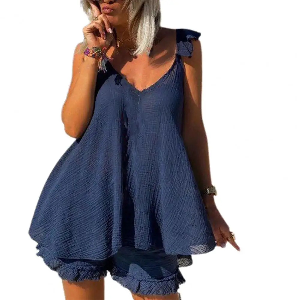 

1 Set Sling Top Shorts Set Irregular Off Shoulder Two-piece Solid Color V Neck Camisole Shorts Streetwear
