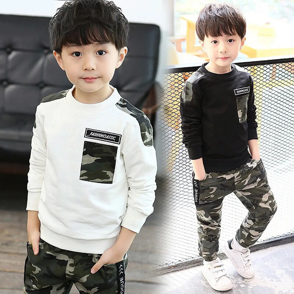 2019 Autumn and winter hot children's clothing boy casual sportswear letter top + camouflage pants suit детская одежда 40* |