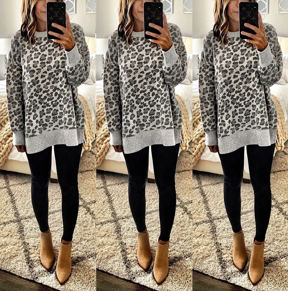 

Leopard Print Irregular Long Sleeve Sweatershirts o Neck 14 Colors Pullover Top 2020 Autumn Winter Clothing
