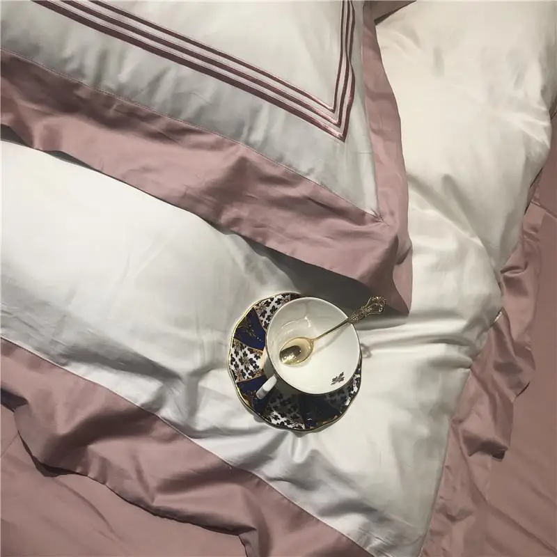 

White Pink Egyptian cotton Luxury Hotel Bedding Set Embroidery Queen/King Size Bed set Duvet Cover Bed sheet Fitted sheet set
