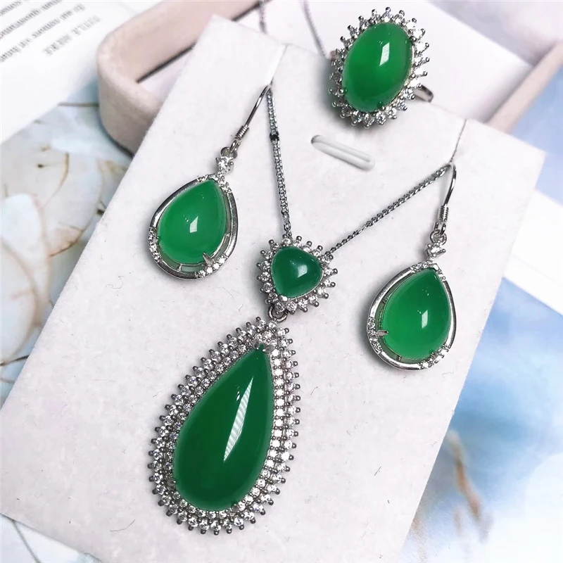 

JADERY LUXURY GREEN JADE EMERALD JEWELRY SETS 100% 925 STERLING SILVER RING/NECKLACE/EARRING GEMSTONE CRYSTAL PARTY FINE JEWELRY