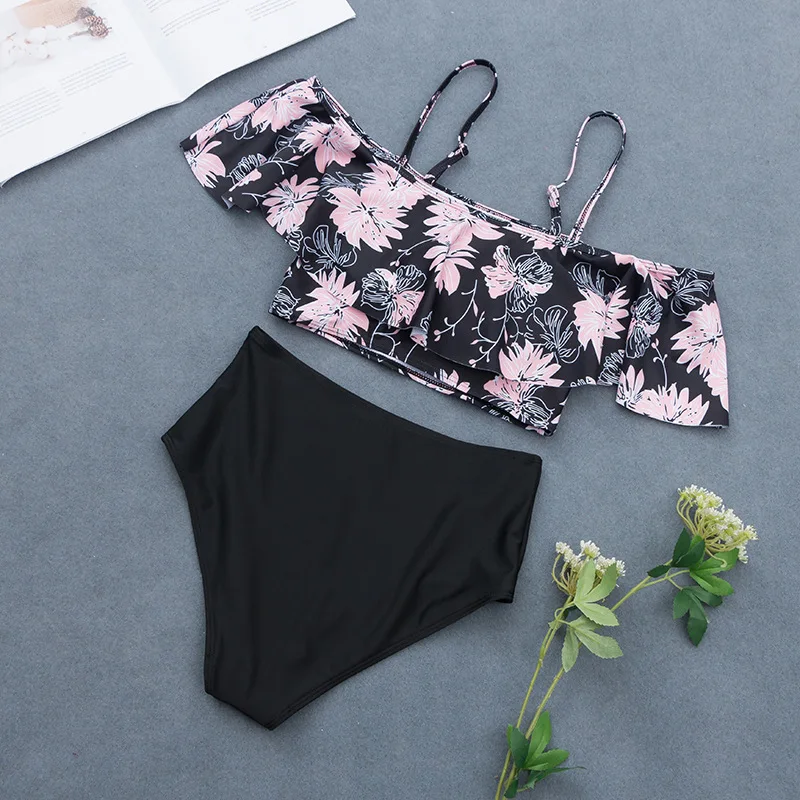 

Swimwear High Waisted Bikini Ruffle Strings Women Solid Swimsuit Women Push Up 2021 Vintage Top Swim Wear Summer Female Bathers
