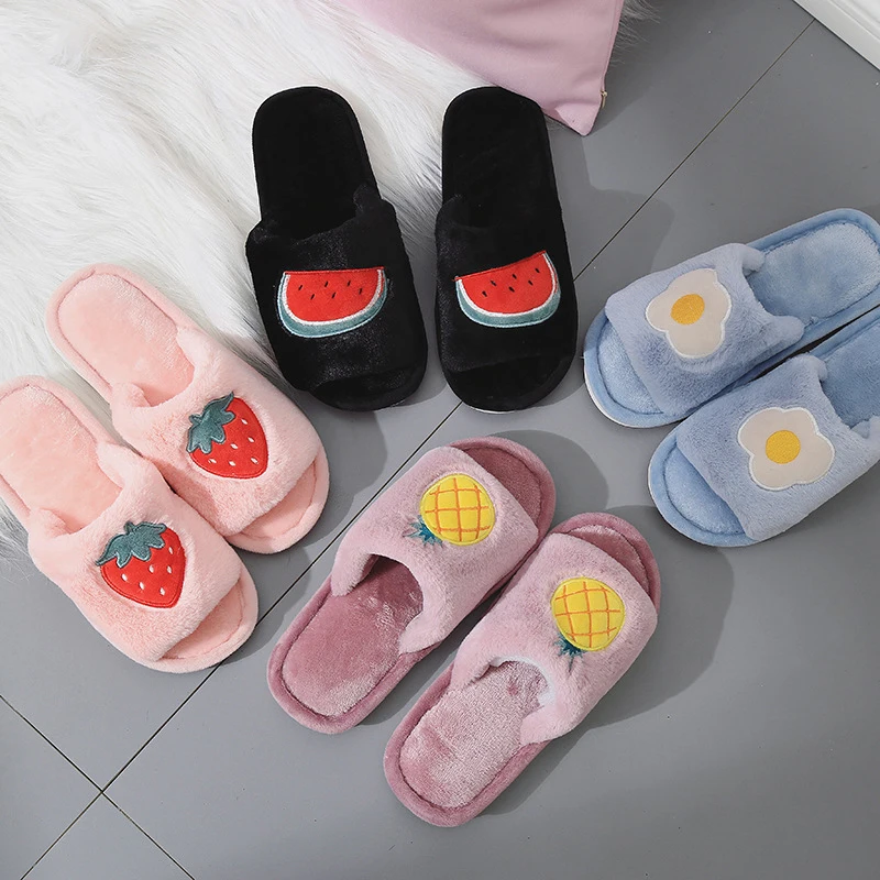 

2021 Autumn New Women Home Shoes Plush Slippers Flat Indoor Sandals Cartoon Comfortable Fruit Print Plus Size 41