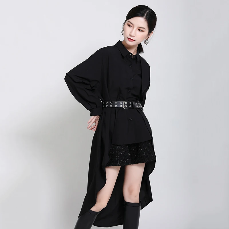 

large EAM women's irregular black shirt Lapel new long sleeve shirt loose fashion spring autumn 2021 1dd3912