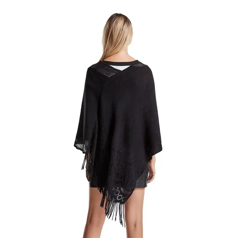 

Women's Irregular Autumn Warm Pullover Sweater Women's Casual Cashmere V-neck Cloak Cloak Hollow Tassel Knitted Top Casual sexy